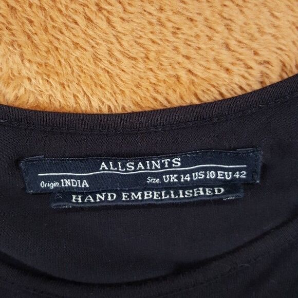 ALLSAINTS Shift Dress Womens Size 10 Black Beaded Trim Sleeveless Mini GIRI - Picture 4 of 10